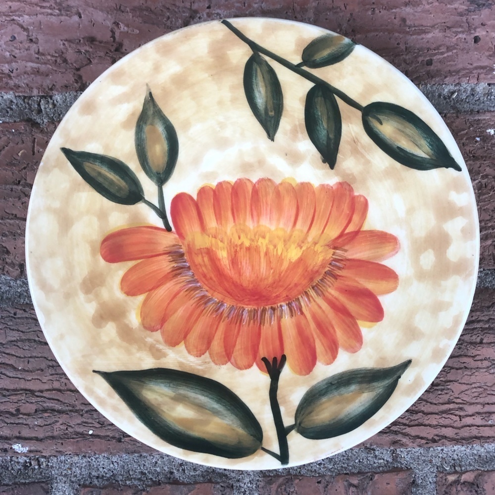 WCL Hand Painted Orange & Green Flower 6” Ceramic Coaster, Trivet, Hot Plate